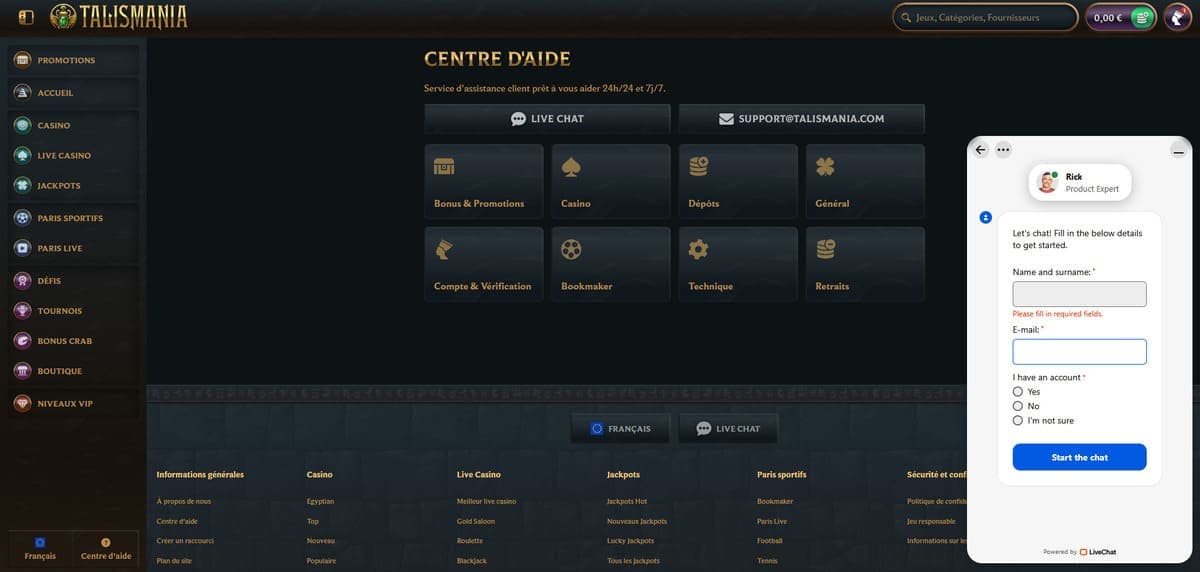 Service client Talismania Casino