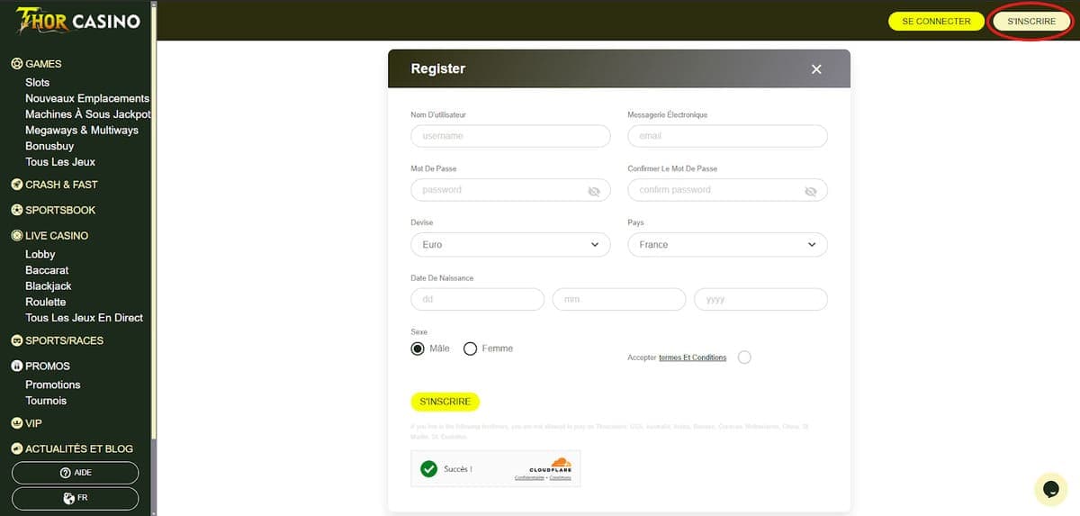 register inscription Thor Casino