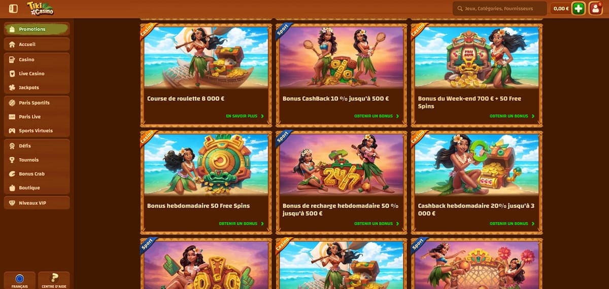 Offres promotionnelles Tiki Casino