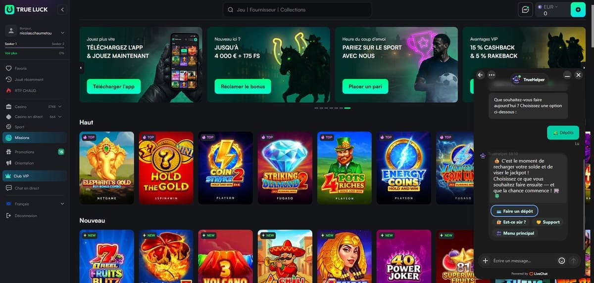Support client TrueLuck Casino