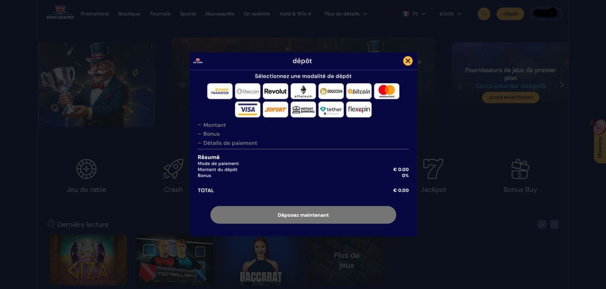 Dépôt UnionJackpots Casino