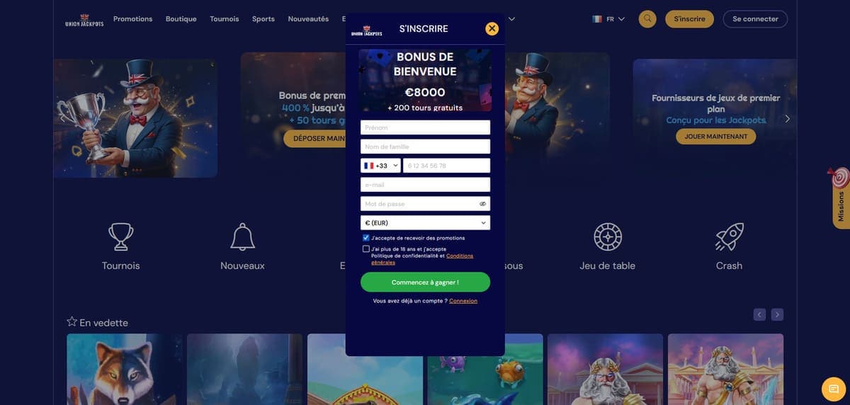 Inscription UnionJackpots Casino