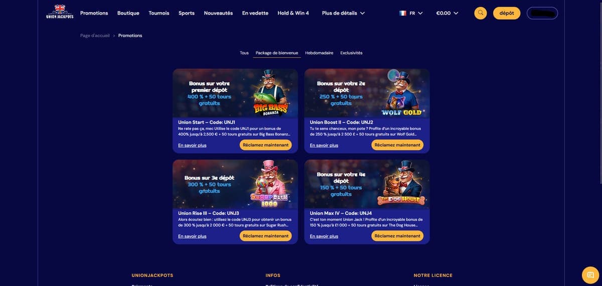 Pack bienvenue UnionJackpots Casino