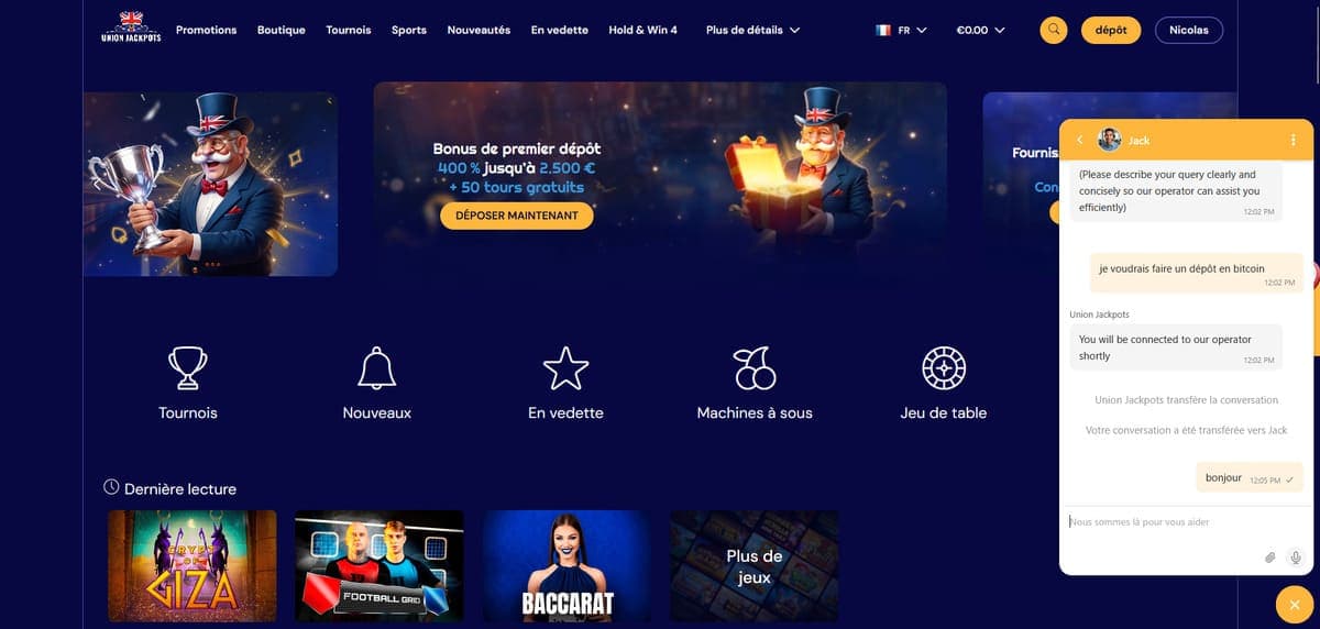 Support client UnionJackpots Casino