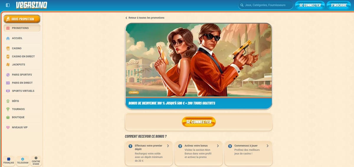 Bonus bienvenue Vegasino Casino