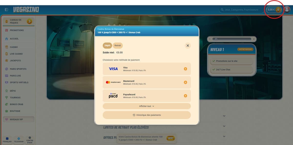 Dépôt Vegasino Casino