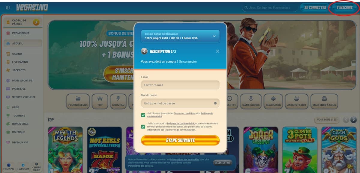 Inscription Vegasino Casino