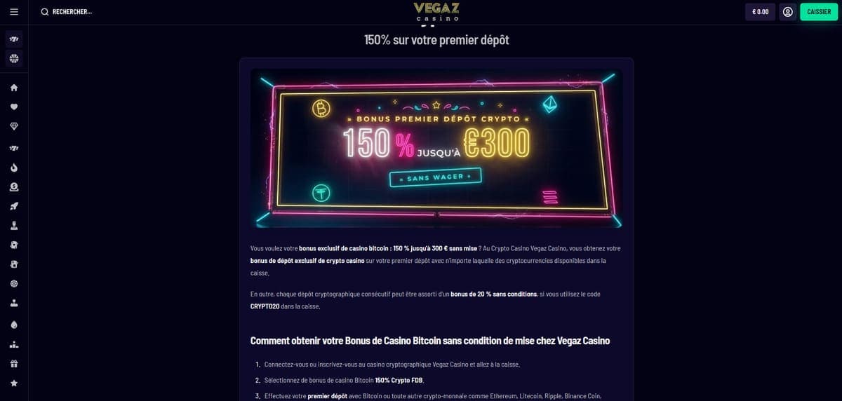 Bonus crypto sans condition Vegaz Casino
