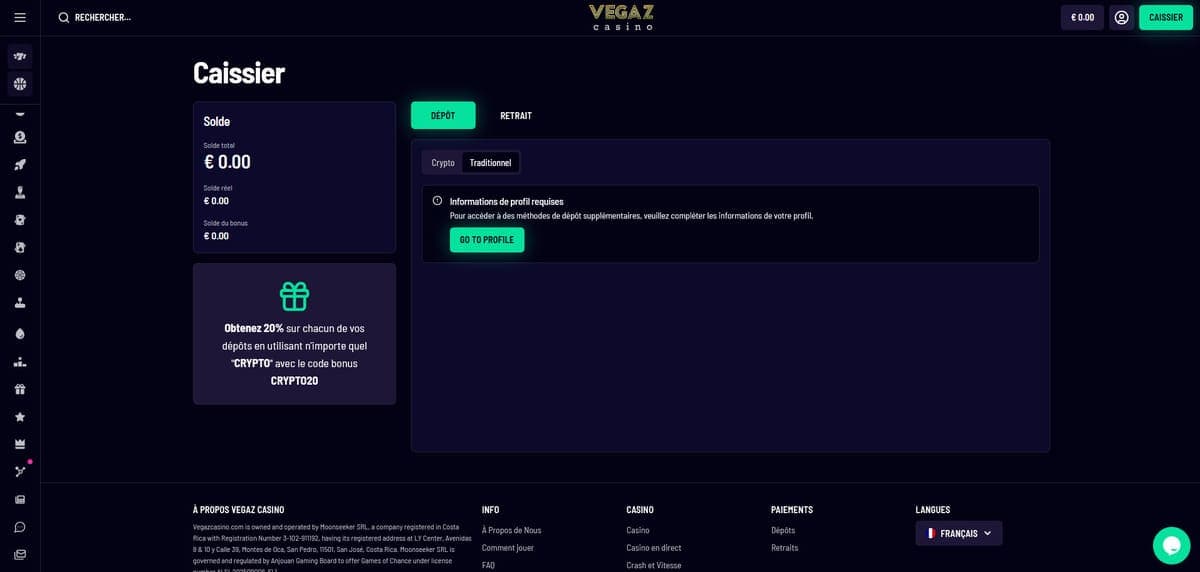Dépôt profil Vegaz Casino
