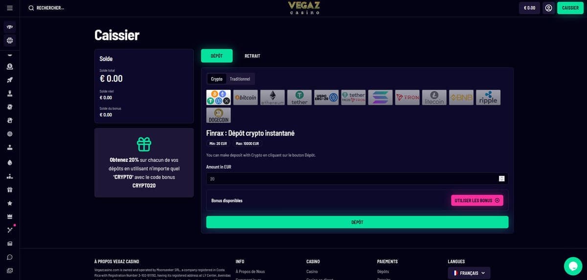 Dépôt Vegaz Casino