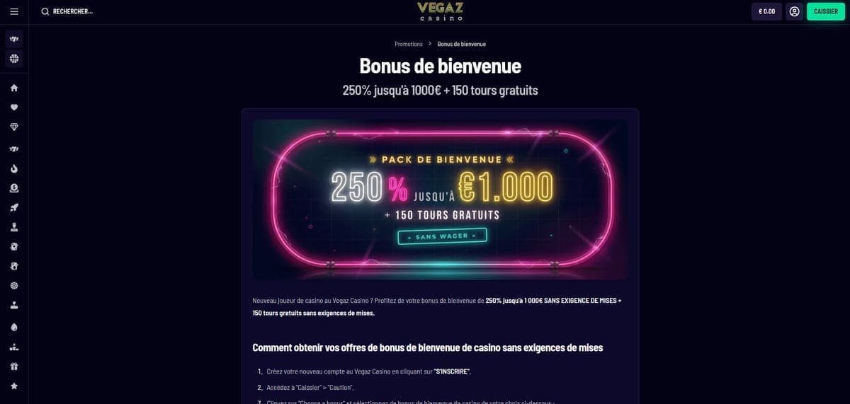 Pack bienvenue Vegaz Casino