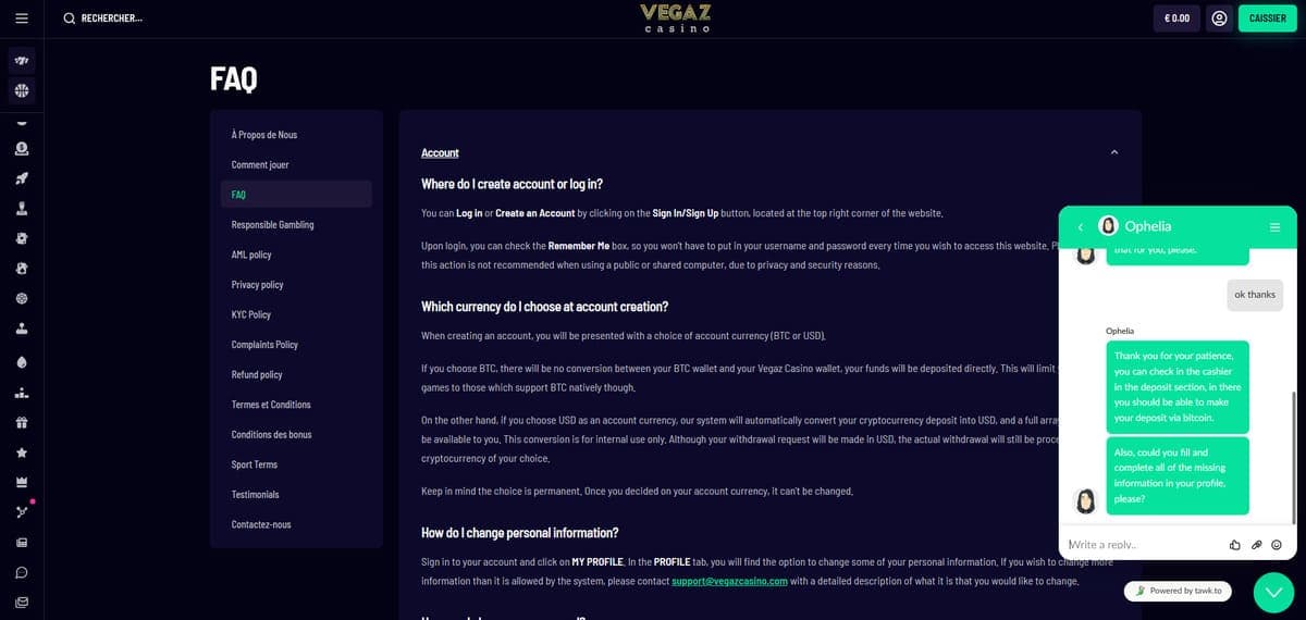 Support client Vegaz Casino