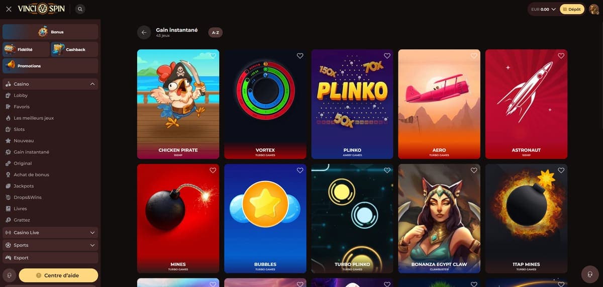 Gains instantanés Vincispin Casino