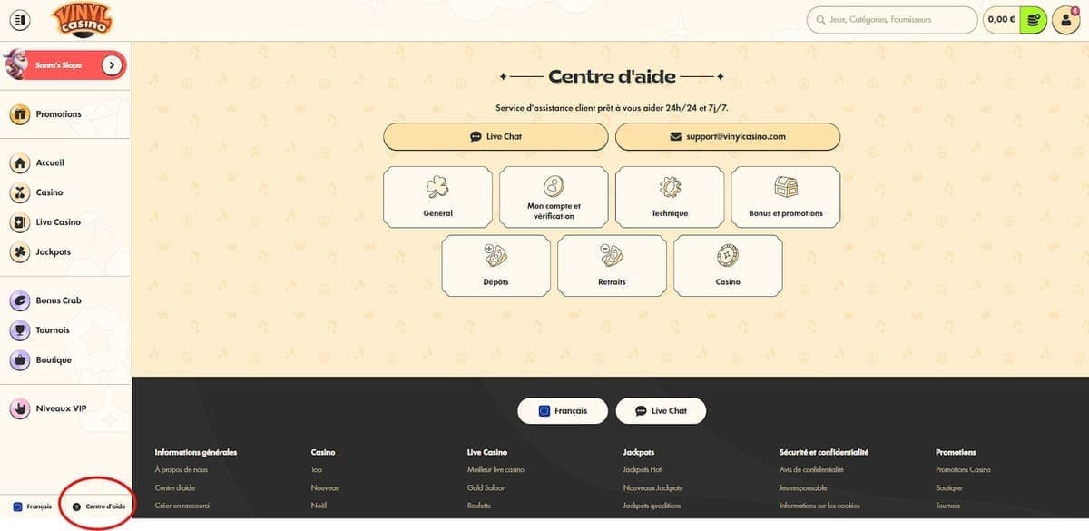 Service client Vinyl Casino