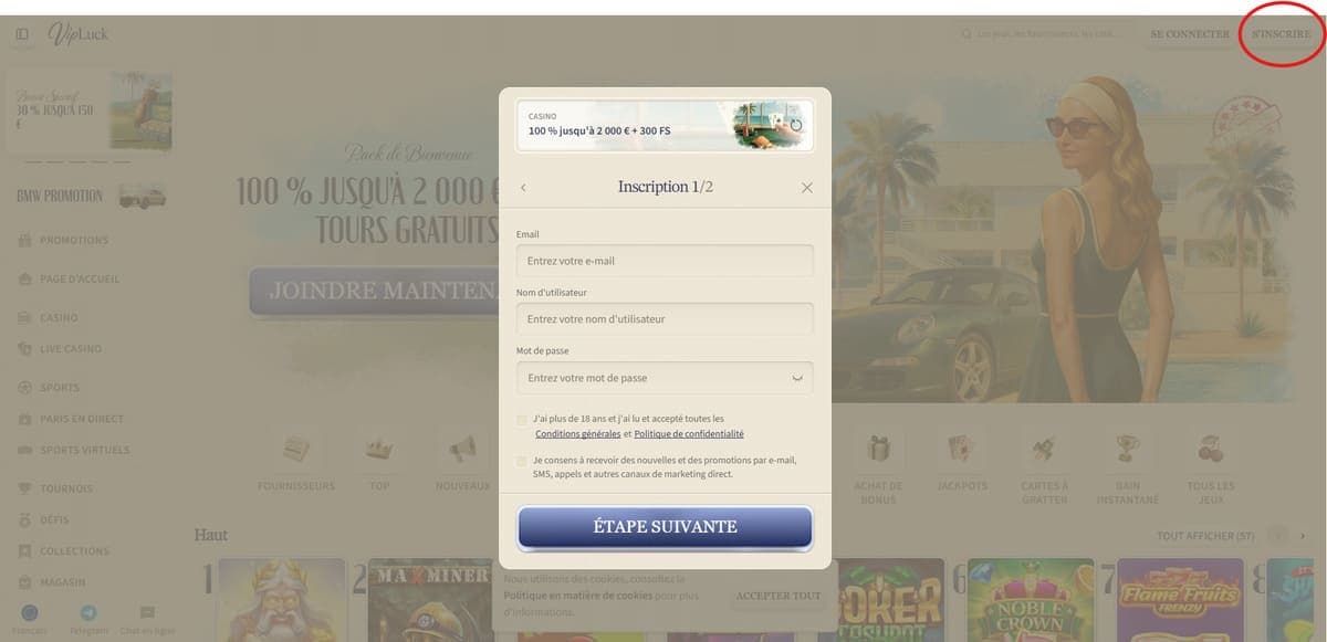 Inscription VipLuck Casino