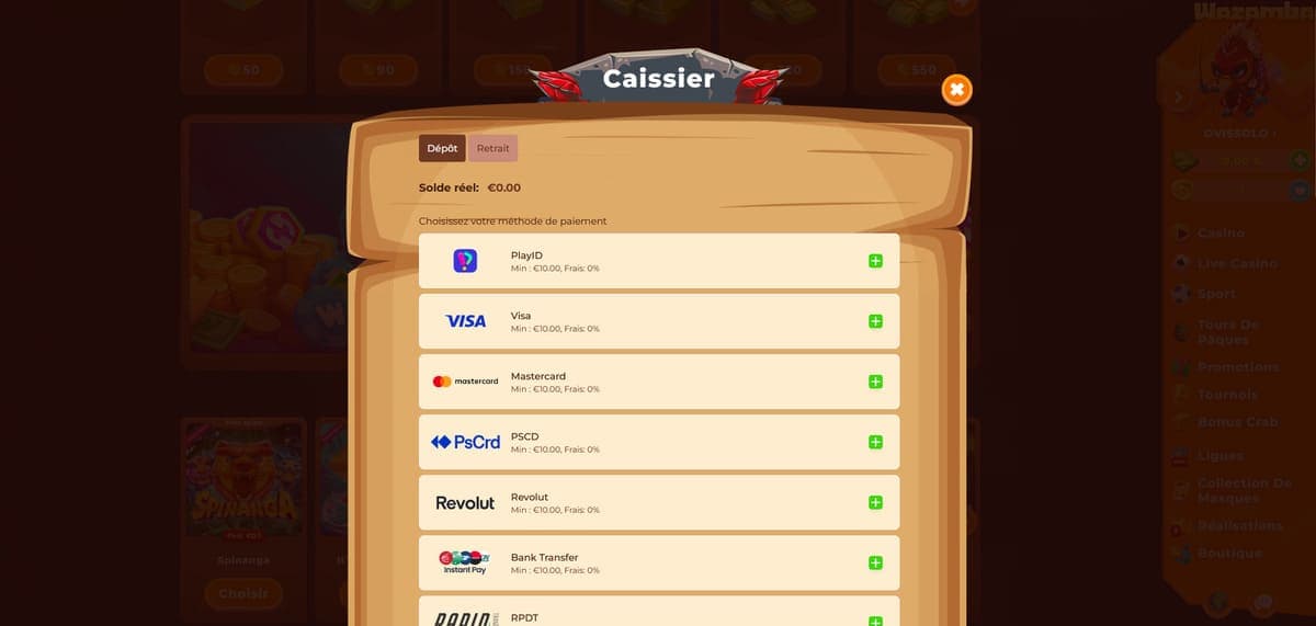 Dépôt Wazamba Casino