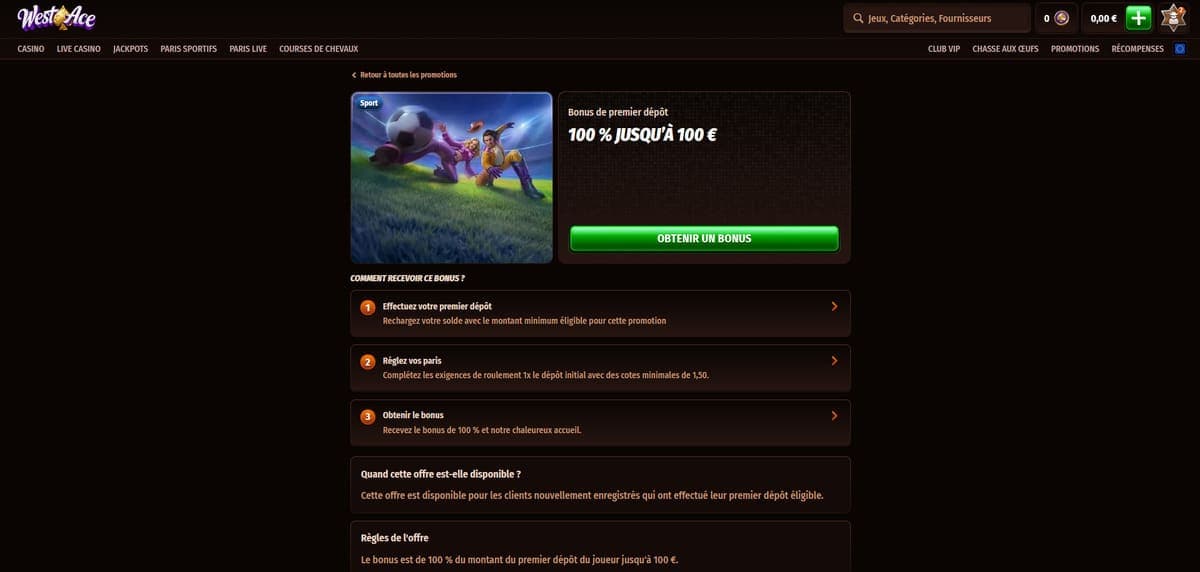 Bonus bienvenue sport Westace Casino