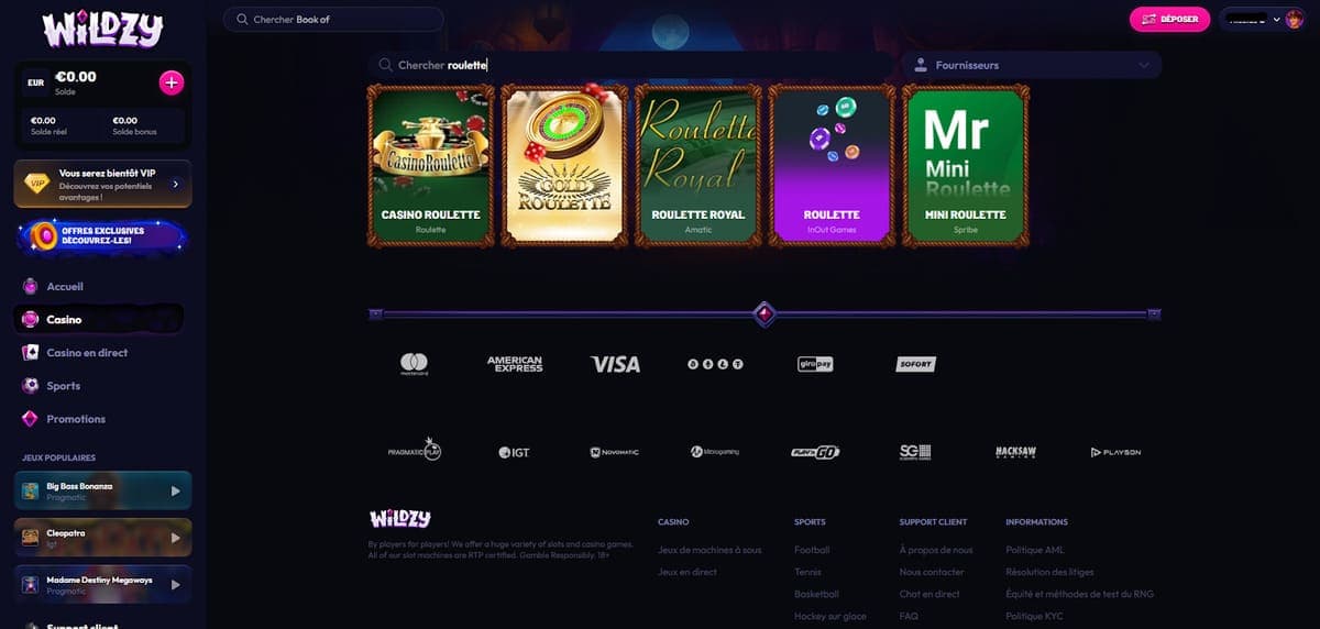 Jeux de table Wildzy Casino