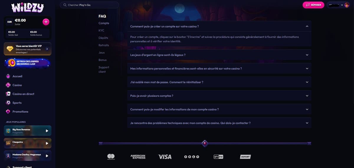 Service client Wildzy Casino
