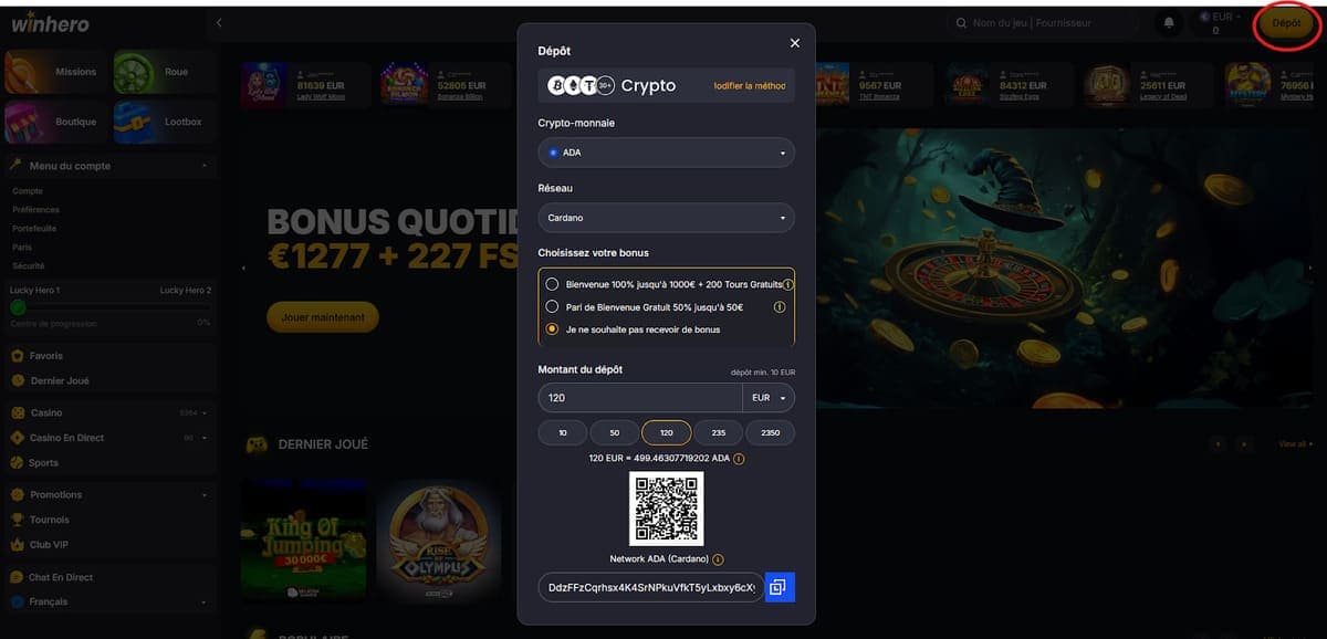 Dépôt Winhero Casino