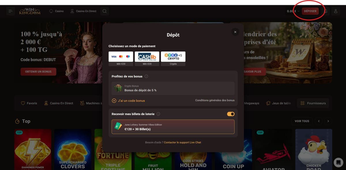 Dépôt WinKingdom Casino