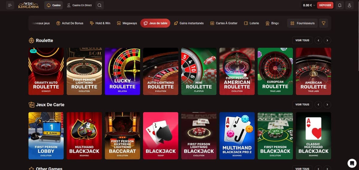 Jeux de table WinKingdom Casino
