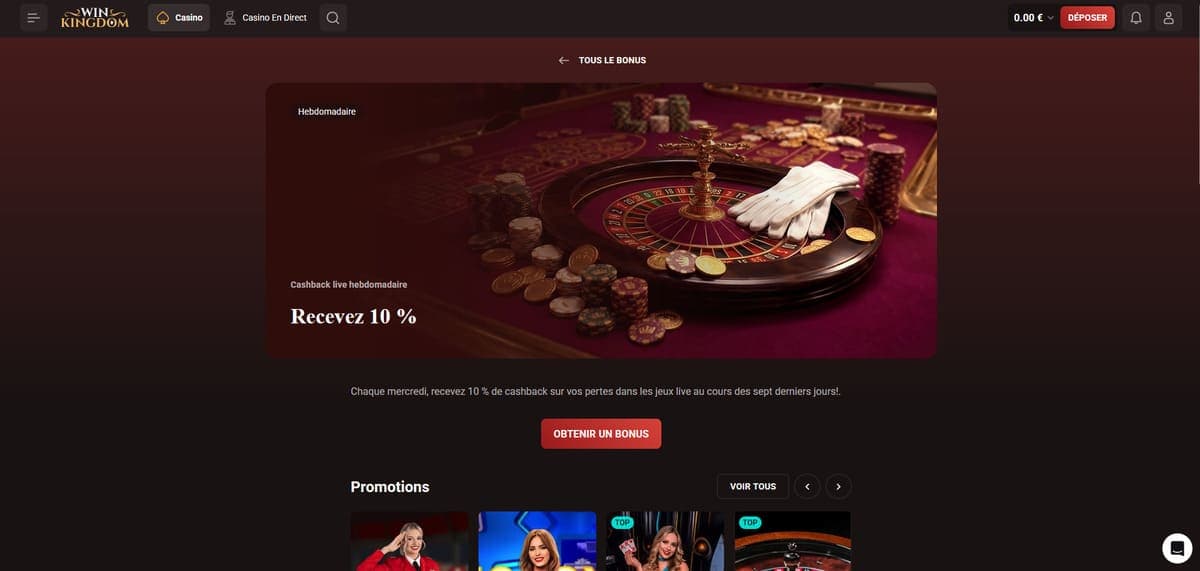 Remboursement live WinKingdom Casino