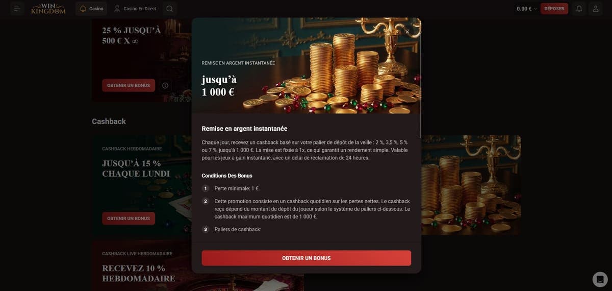 Remise instantanée WinKingdom Casino