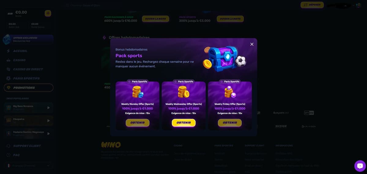 Bonus hebdos sport Wino Casino