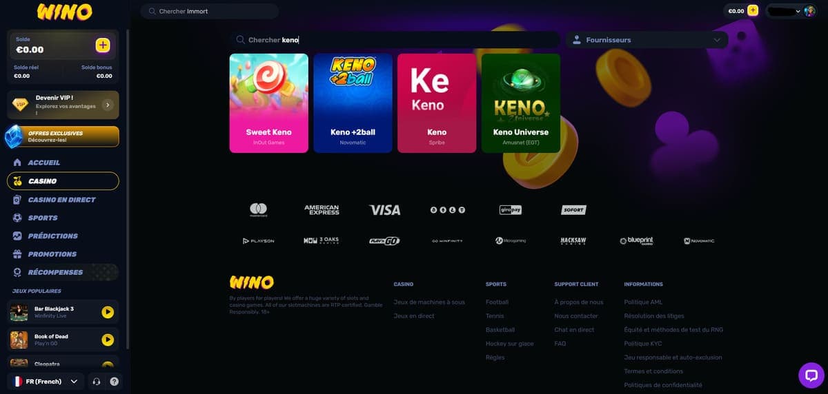 Mini jeux Wino Casino