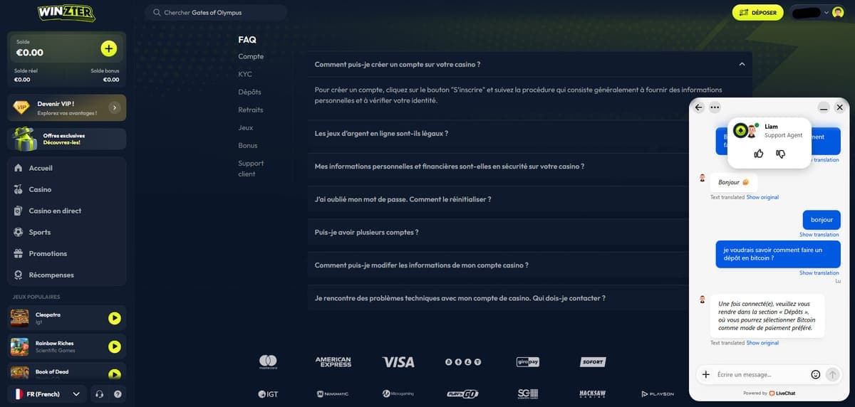 Support client Winzter Casino