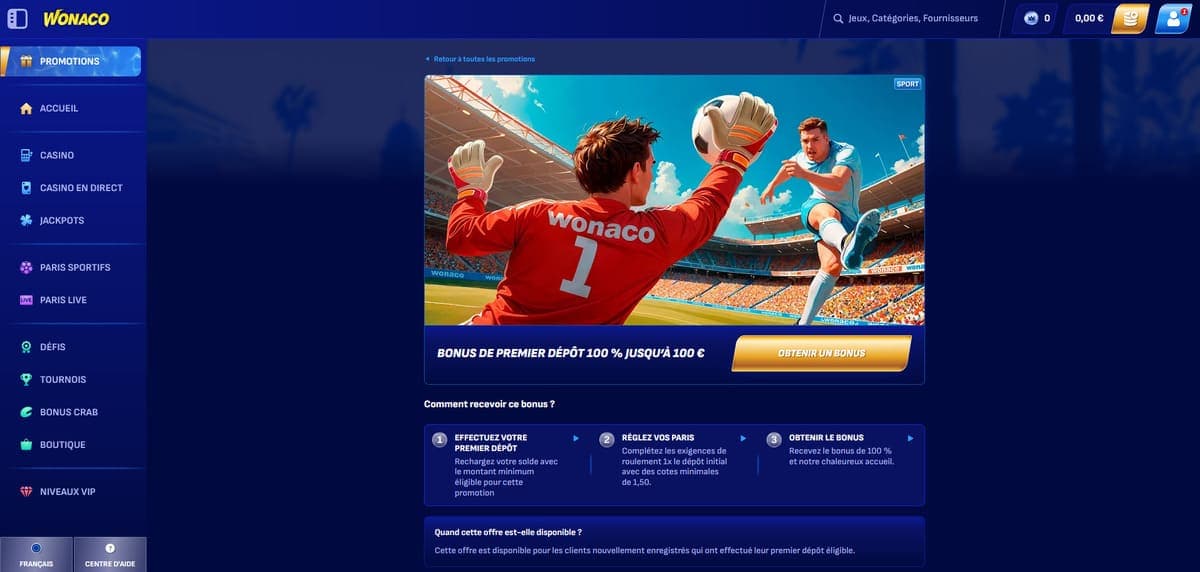 Bonus premier dépôt Wonaco Casino