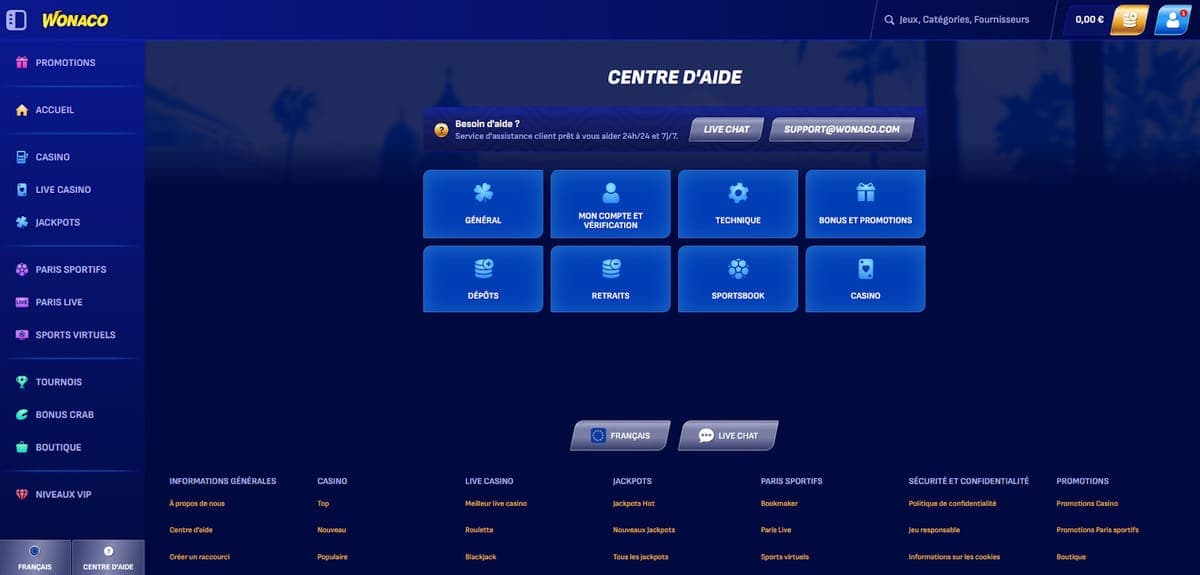 Centre d'aide Wonaco Casino