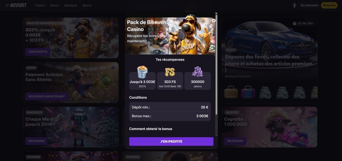 Pack bienvenue casino Woolbet Casino
