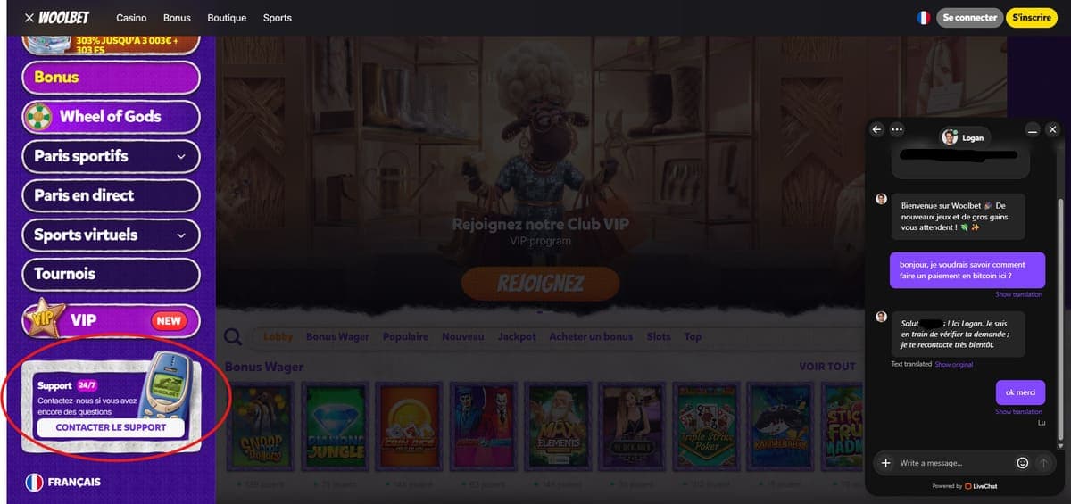 Support client Woolbet Casino