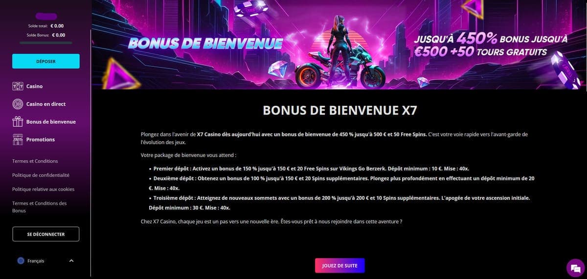 Bonus bienvenue X7 Casino