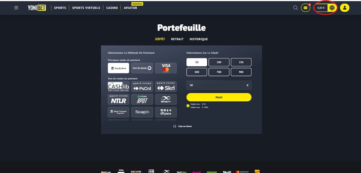 Dépôt Yonibet Casino