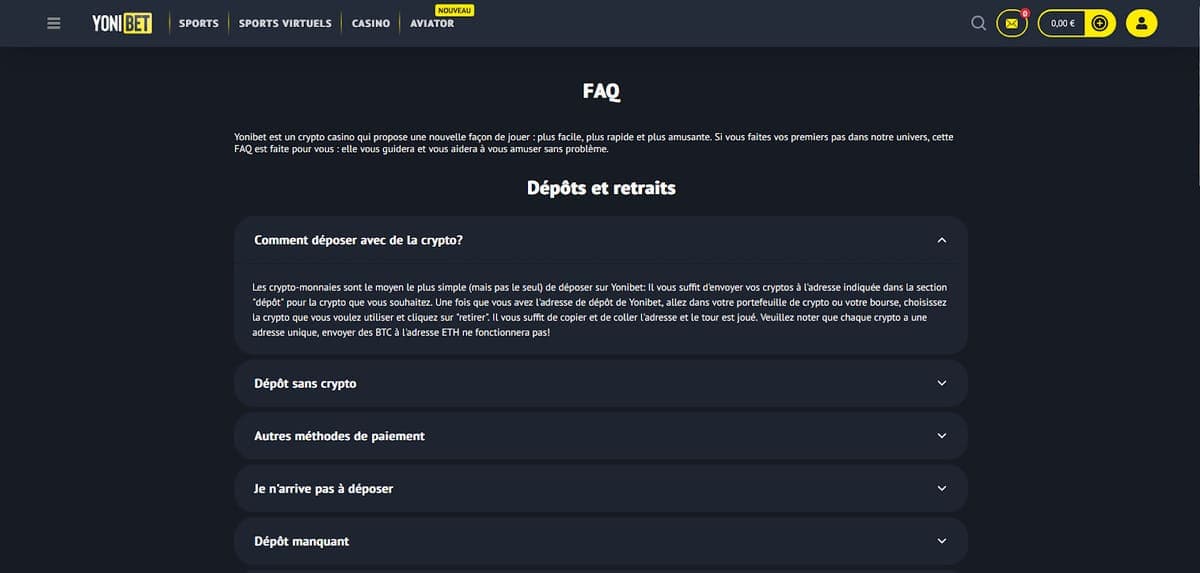 Support client Yonibet Casino