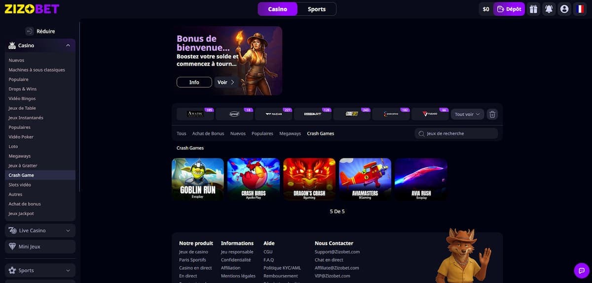 Mini jeux Zizobet Casino