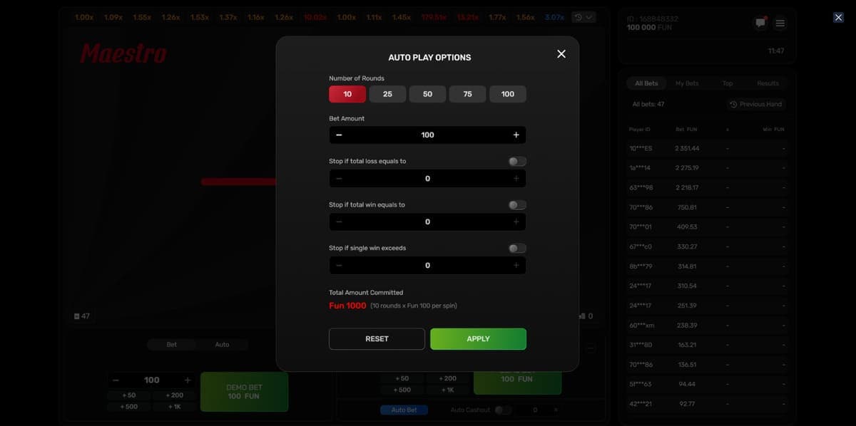 Auto cashout Maestro Jeu
