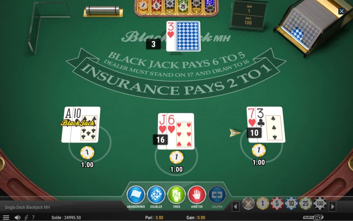blackjack et 3 mains - Single Deck Blackjack MH