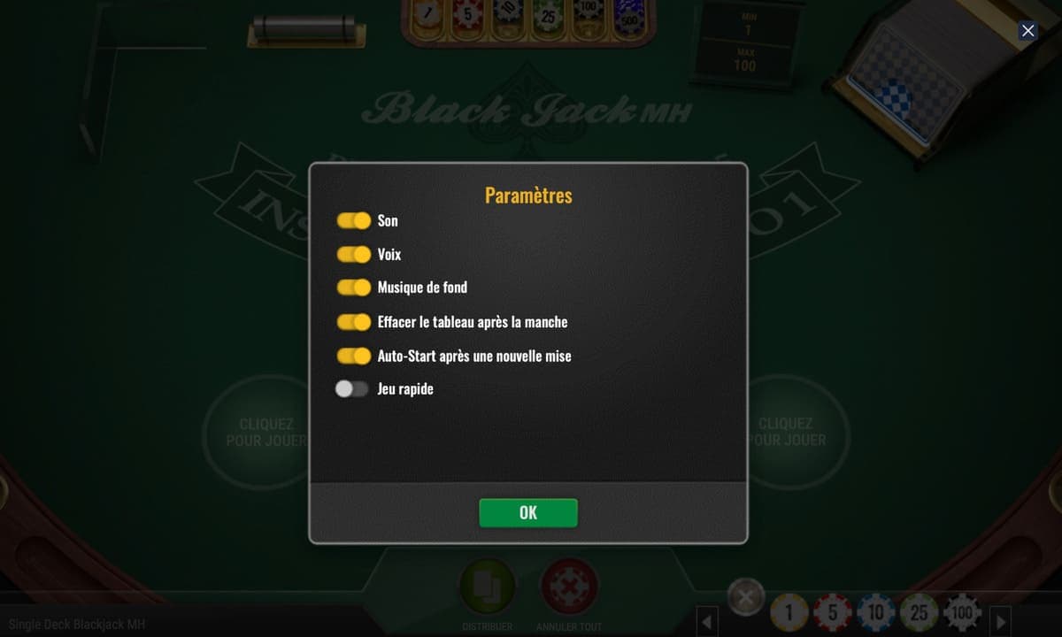 paramétrages et langue française - Single Deck Blackjack MH