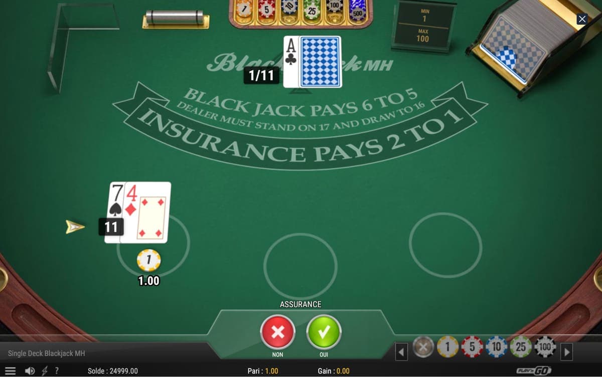 Table de jeu et assurance - Single Deck Blackjack MH