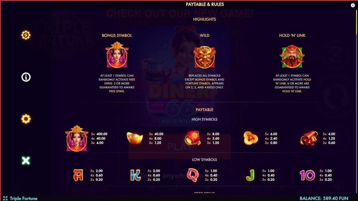 Paytable Tripe Fortune Jeu