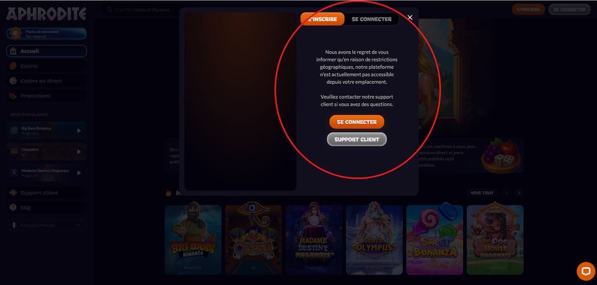 Inscription selon pays Aphrodite Casino