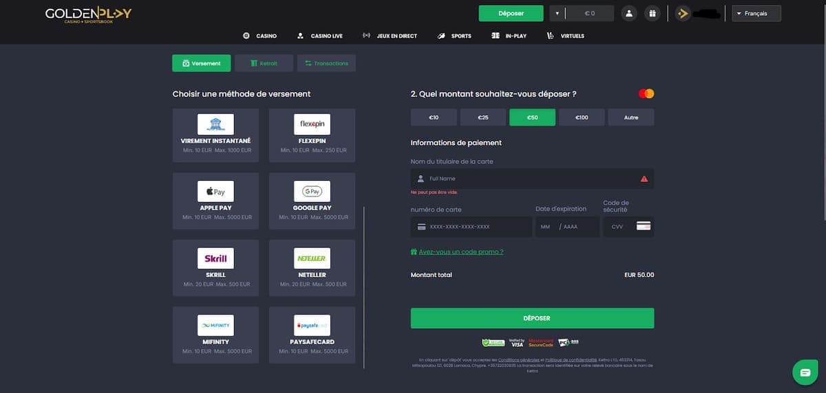 Dépôts GoldenPlay Casino