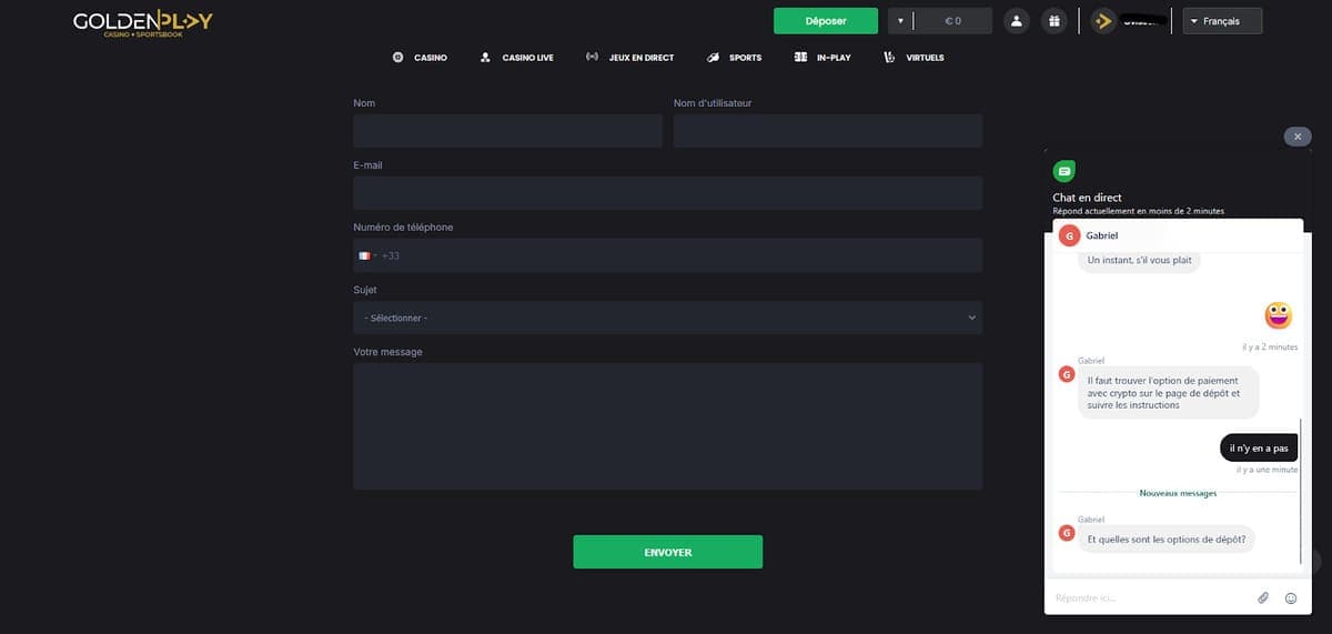 Service client GoldenPlay Casino