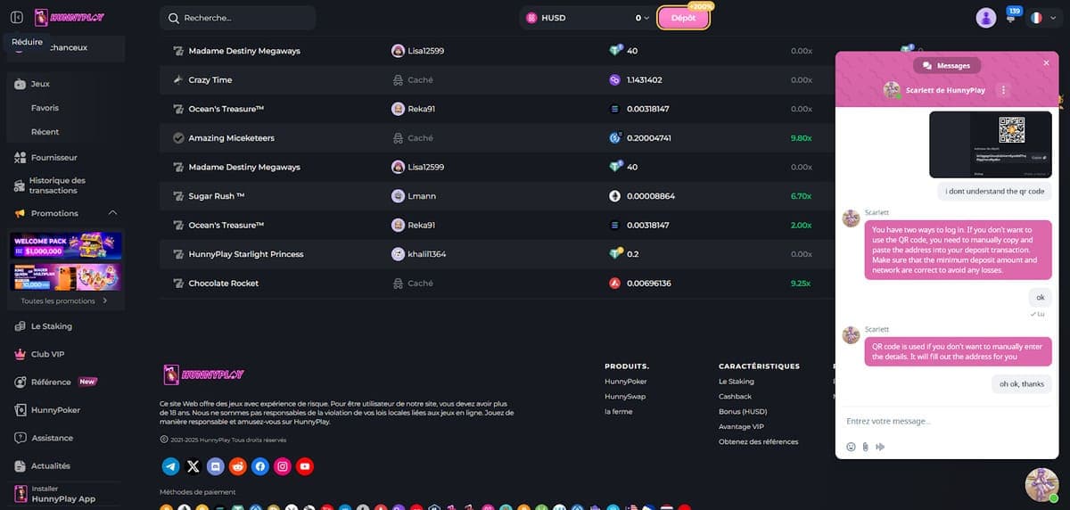 Service client HunnyPlay Casino