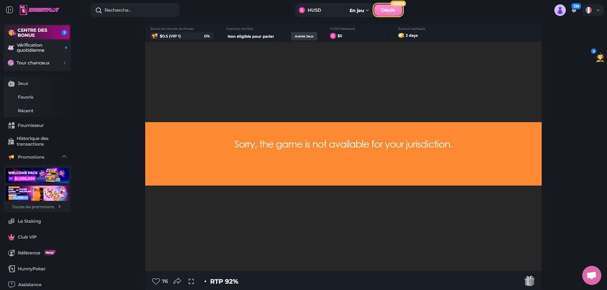 Titres inaccessibles HunnyPlay Casino