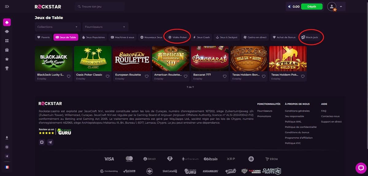 Jeux de table Rockstar Casino